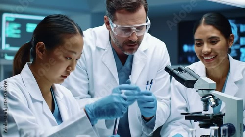 Three scientists collaborating in modern laboratory environment focused on research