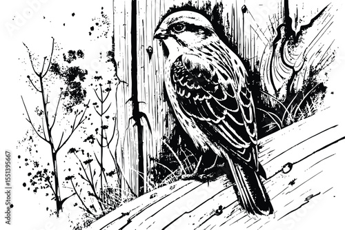 black and white bird perched on a wooden fence near bare branches artwork features detailed lines and textures creating a rustic feel.