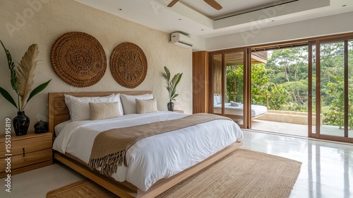 Luxurious bedroom with king-size bed, natural light, and sliding doors leading to a private balcony overlooking lush greenery