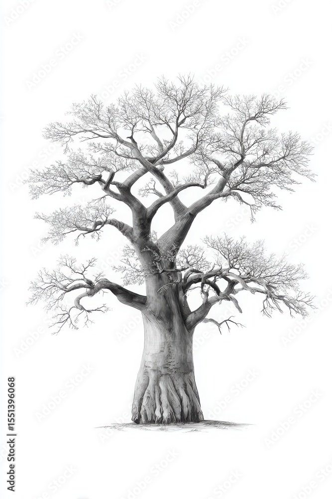 Fototapeta premium A Majestic Baobab Tree Illustrating Raw Natural Beauty in Monochrome