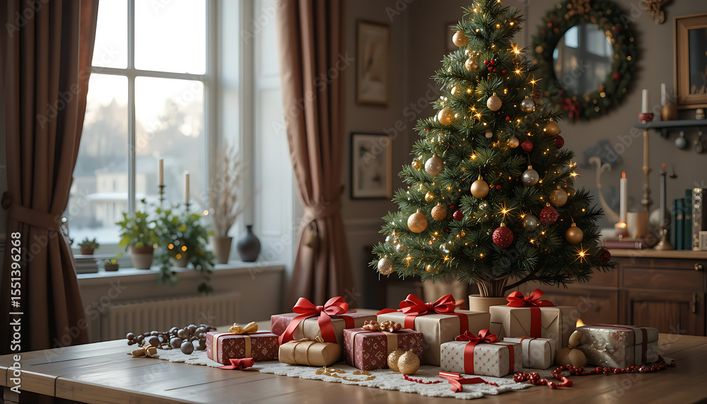 Obraz premium a beautifully decorated Christmas tree in a cozy, warmly lit room with a table full of wrapped presents nearby, 4K and HD image