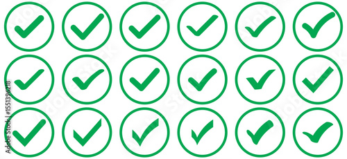 Green Check mark icon vector illustration in two variants. Approved, yes, confirm, done, vote, accept, tick, select, check box, and questionnaire green check mark button set circle and round shapes.