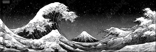 Wallpaper Mural black and white ink style illustration of The Great Wave off Kanagawa	
 Torontodigital.ca