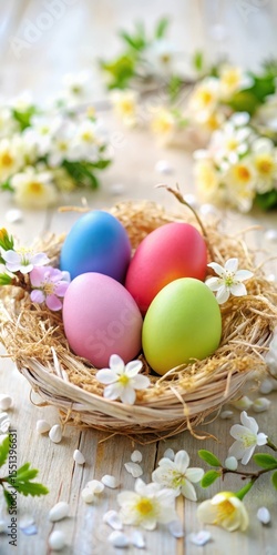 Colorful Easter eggs and spring flowers in a delicate nest surrounded by soft white petals
