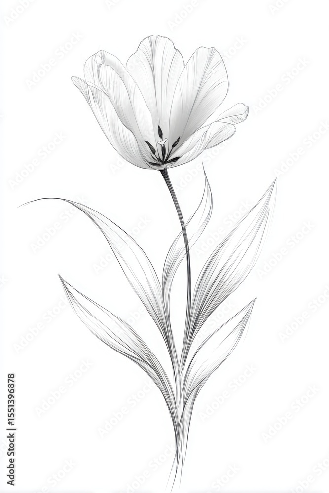 Obraz premium Elegant White Flower Illustration with Delicate Petals and Leaves