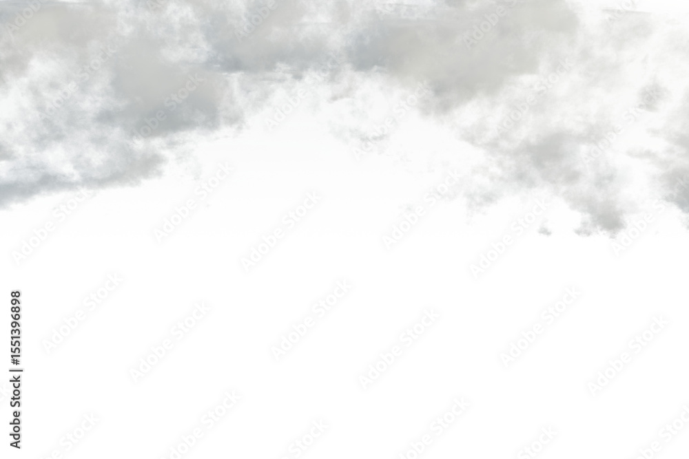 Fototapeta premium A low-angle shot reveals a majestic mountain peak shrouded in a thick layer of mist and clouds, its summit barely visible. creating a dramatic contrast between the ethereal clouds and the hidden base