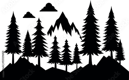 Vector illustration ,Pine tree panorama vector illustration set. Black silhouette landscape.