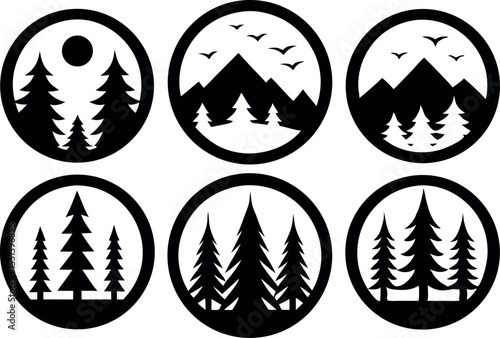 Vector illustration ,Pine tree panorama vector illustration set. Black silhouette landscape.