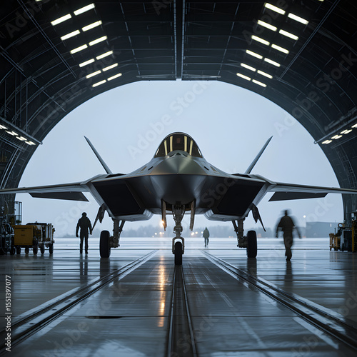 Stealth Fighter Jet Inside Aircraft Hangar with Military Personnel
