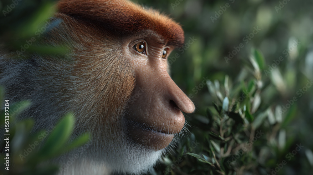 Naklejka premium Proboscis monkey in a lush jungle.