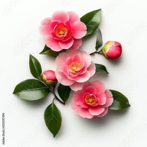 Fresh pink Camelia flowers isolated white background