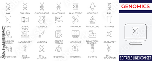 A detailed collection of line icons representing modern genomics and DNA science. Perfect for medical, educational, biotech, and genetic research visuals.