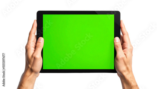Obraz na płótnie Hands Using Pinch to Zoom on Green Screen Tablet isolated on solid white background 