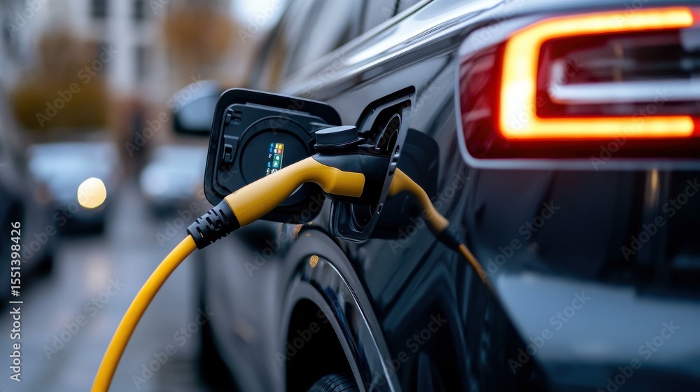 Electric car charging with cable in urban outdoor setting Electric car charging with cable in urban outdoor setting