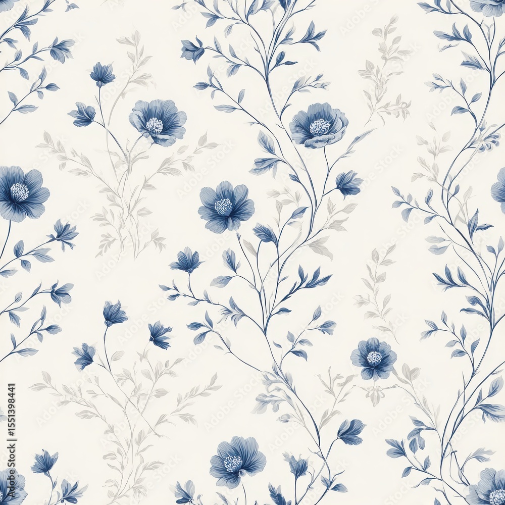 Elegant Blue Floral Pattern on Soft Cream Background for Decor Elegant Blue Floral Pattern on Soft Cream Background for Decor