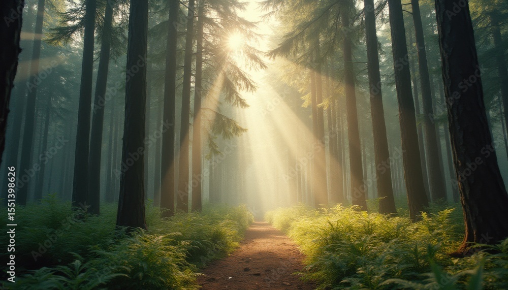 Fototapeta premium Sunbeams shining through trees on a peaceful forest path