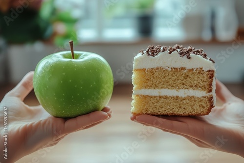 Choosing the right food for health, individual comparing green apple and cake, considering calories in an effort to make healthier dessert choices while on a diet., Generative AI