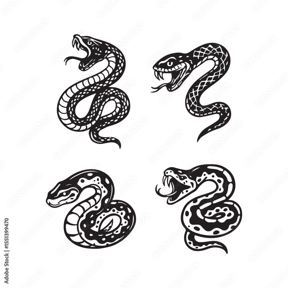 Obraz premium Venomous snakes with open mouths in black and white style perfect for edgy tattoo designs, stickers, or apparel branding
