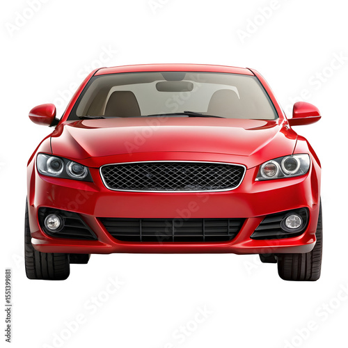 Red Car Front View Isolated on Pure White Background

