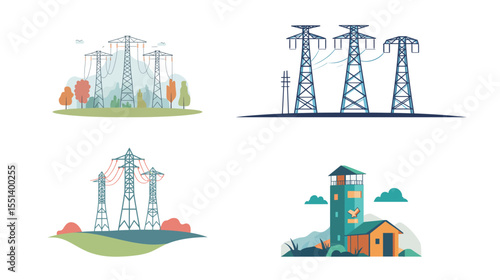 Vector Graphic Design of DC Towers – Electrical Current Transmission Illustration