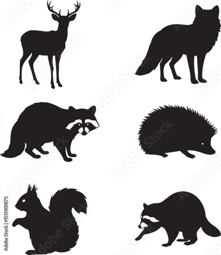 Collection of forest animal silhouettes including deer, wolf, fox, squirrel, raccoon and hedgehog
