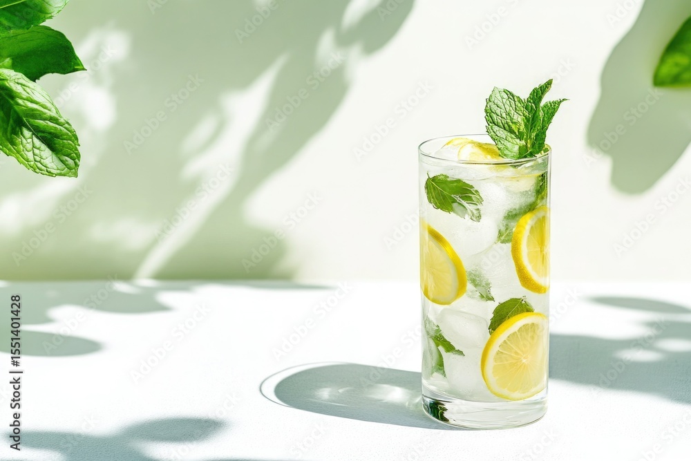 Fototapeta premium Refreshing lemon mint summer drink with ice in sunlit garden setting