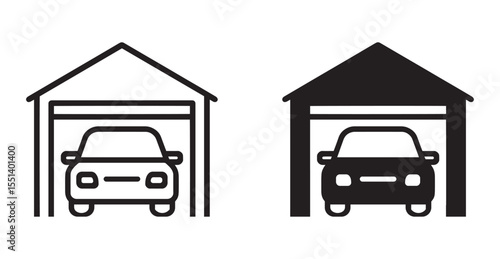 Car garage icon set for vehicle storage, mechanic shop, and auto service. car parking icon set in outline and flat style . vector illustration . 
