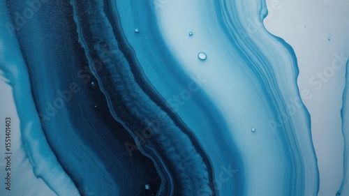 Abstract blue and white fluid art with ripple patterns and air bubbles