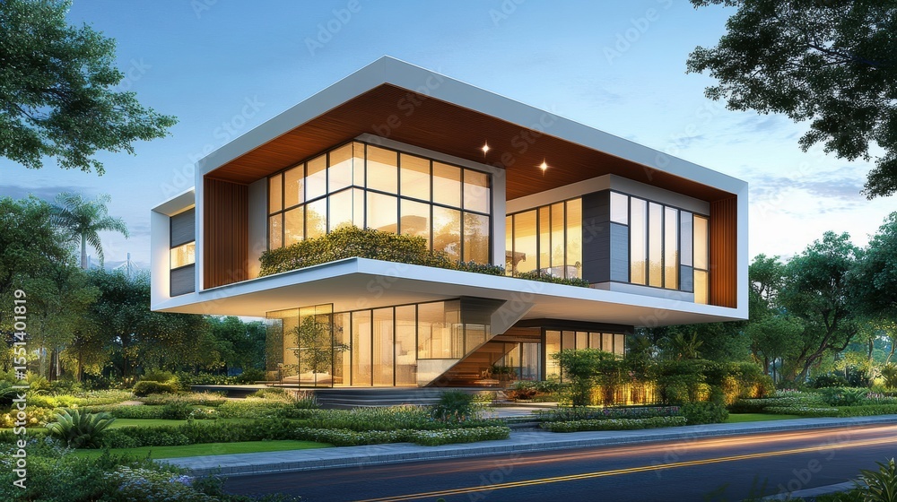 Fototapeta premium Modern two-story cantilevered house with large floor-to-ceiling surrounded by lush greenery and evening lighting