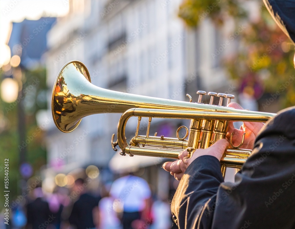 Naklejka premium Golden Hour Jazz: Trumpet on a Parisian Street