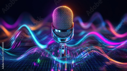 Abstract microphone with sound waves in vibrant digital environment