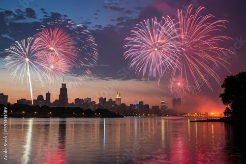 Spectacular fireworks display over chicago skyline