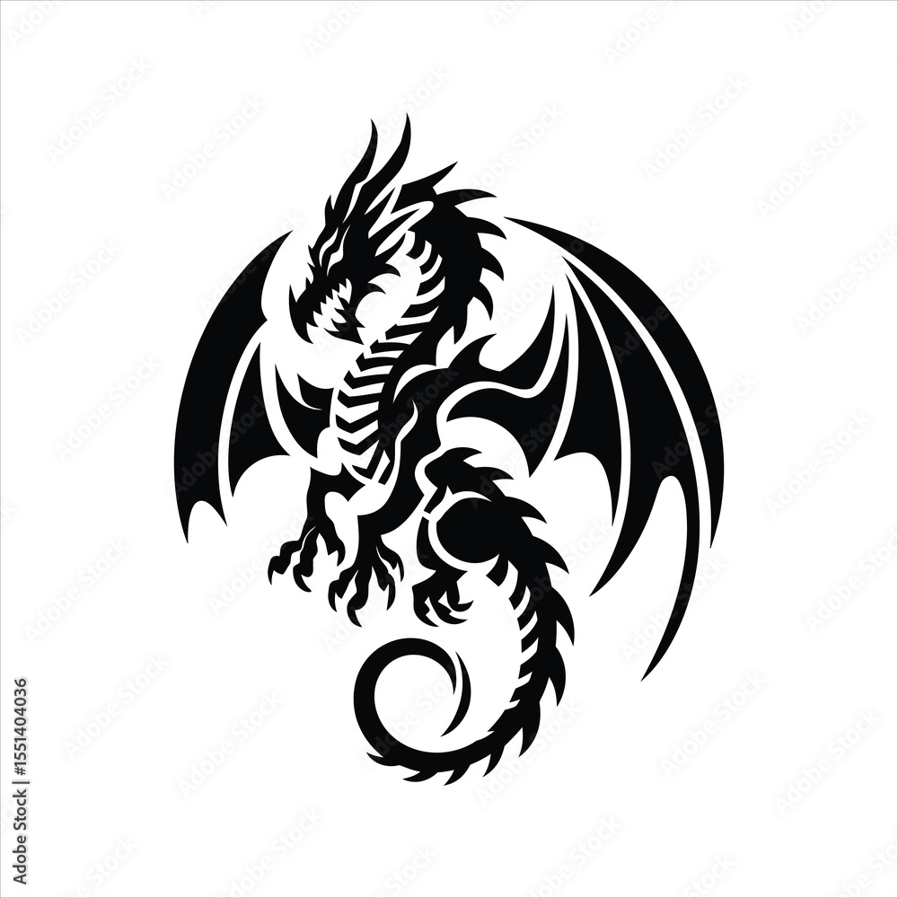 Obraz premium Tribal Dragon Silhouette Vector – Fantasy Mythical Creature Logo Design