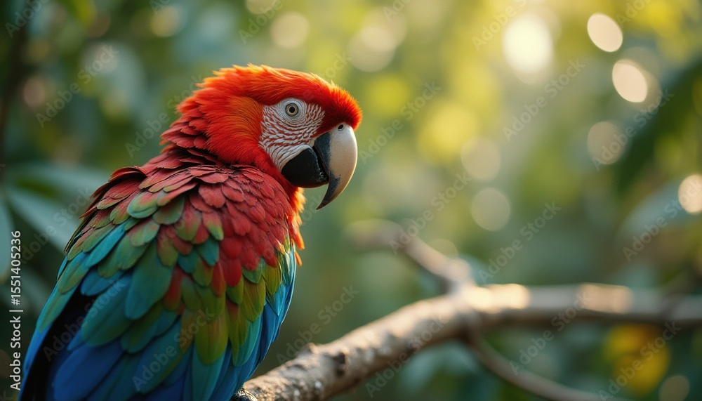 Fototapeta premium Scarlet macaw perched on branch in lush greenery