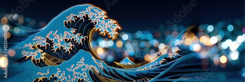 Abstract futuristic digital wallpaper with The Great Wave off Kanagawa	
