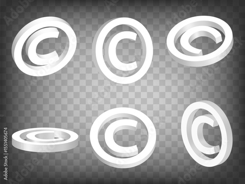 Set of 3d Copyright sign on transparent background. Copyright sign 3d icon illustration with different views and angles.  Abstract concept of graphic elements for your design