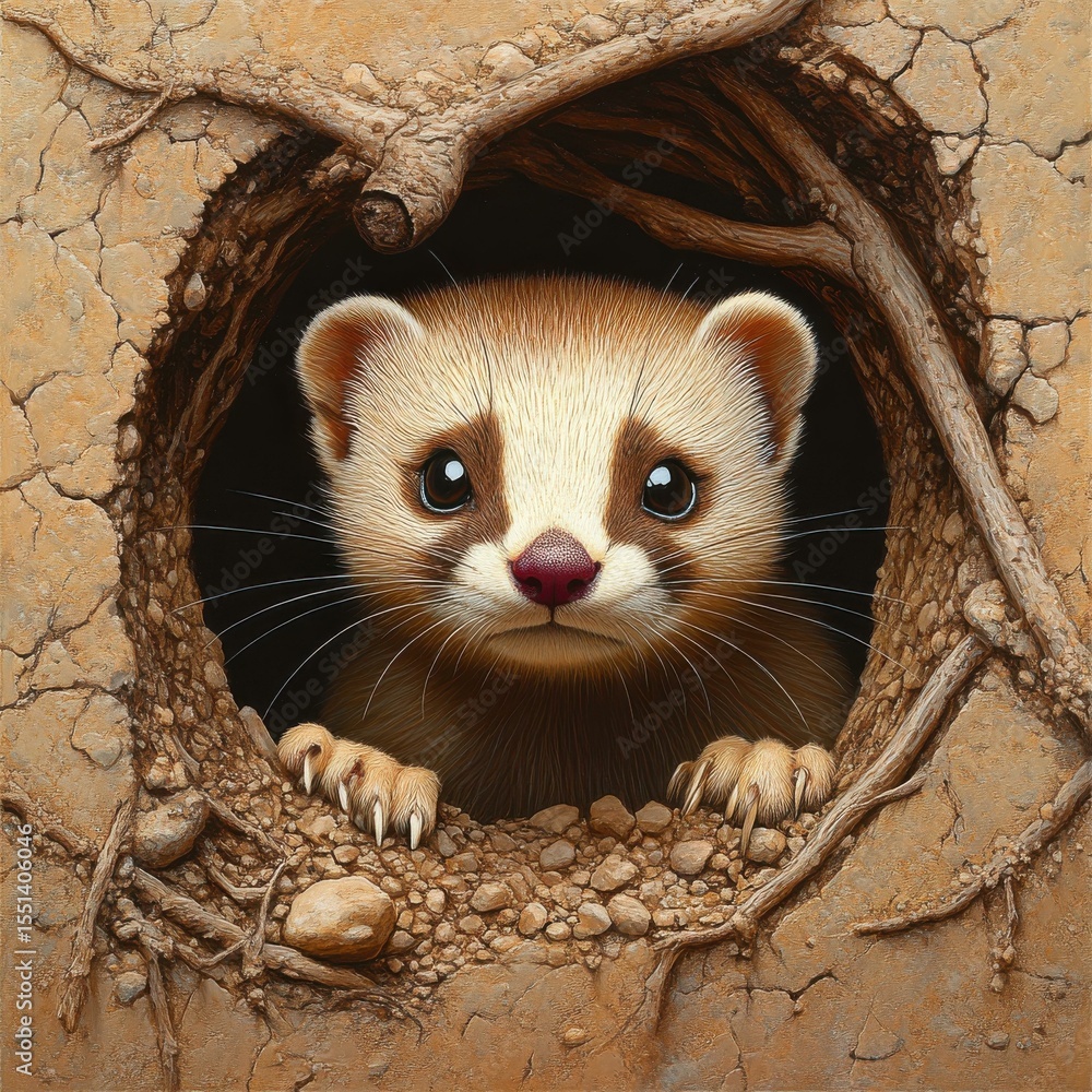 Fototapeta premium Curious ferret looking out of burrow during daytime in nature