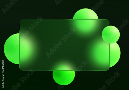 Modern green glassmorphism rectangle with glowing spheres on a dark background, ideal for UI, web headers, or stylish layouts.