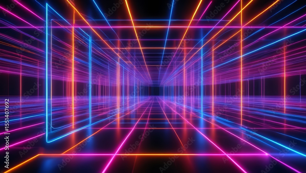 Obraz premium Futuristic neon grid tunnel with blue pink and orange lights