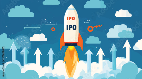 Business Rocket Launching with IPO Symbolizing Business Growth, Initial Public Offering (IPO)