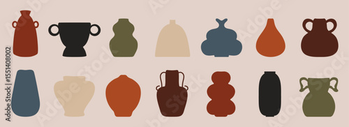 Contemporary ceramic vases. Modern clay pottery vessel, decorative urns jar pitcher, creative antique ancient porcelain ceramics. Vector isolated set