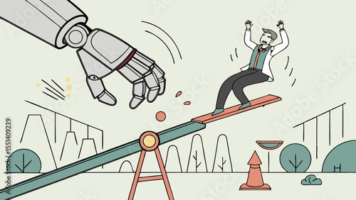 Businessman on seesaw facing giant robotic hand symbolizing AI disruption and workplace automation in tech-driven corporate environment