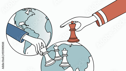 Global trading Strategy Concept, Playing Chess on Earth, World Power Competition, Geopolitics, Conflict, Flat Vector