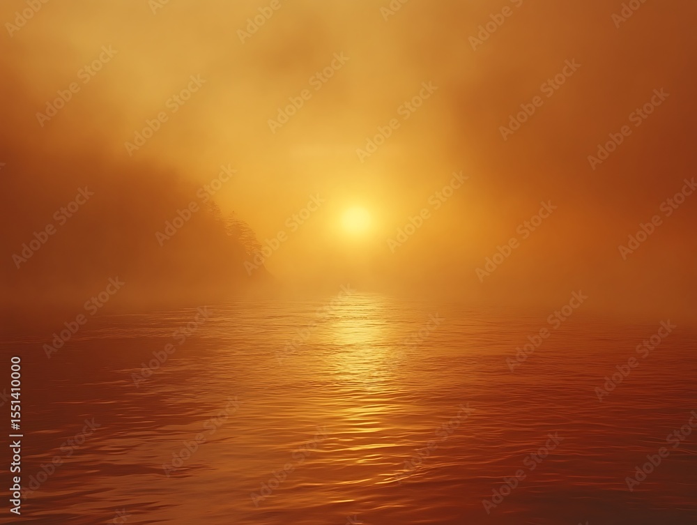 Naklejka premium Mystical dawn breaks through the morning mist over a tranquil landscape