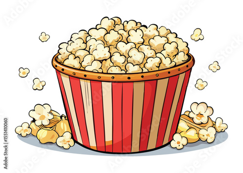 Red and white striped buckets overflow with delicious, buttery popcorn, a classic cinema snack perfect for any movie entertainment