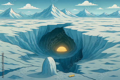Cartoon Hollow Earth Entrance in Antarctica – Polar Landscape with Mysterious Cave