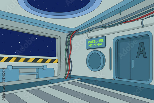 Cartoon Space Station Interior – Sci-Fi Room with Pressure Normal Sign