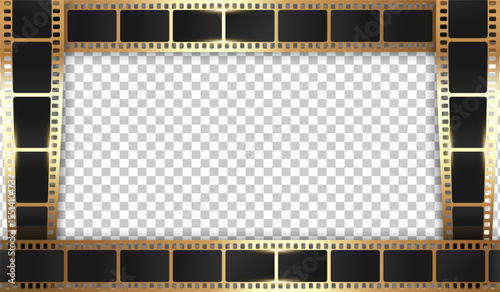 Golden filmstrip frame on transparent background. Movie film ribbon frame template design. Vector illustration