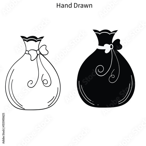 Hand Drawn Doodle Vector of Gift Bag with Ribbons – Holiday Present Illustration.