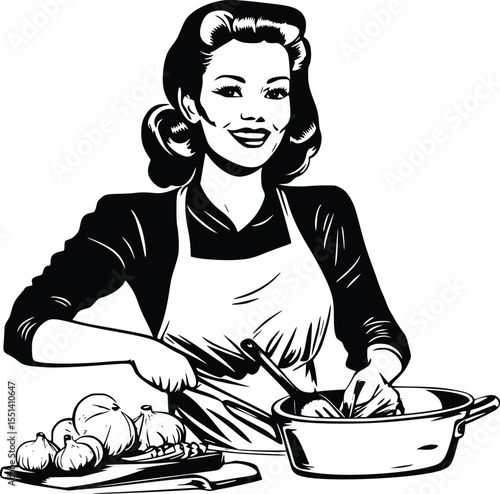 Smiling retro housewife cooking delicious meal in kitchen; silhouette, editable vector